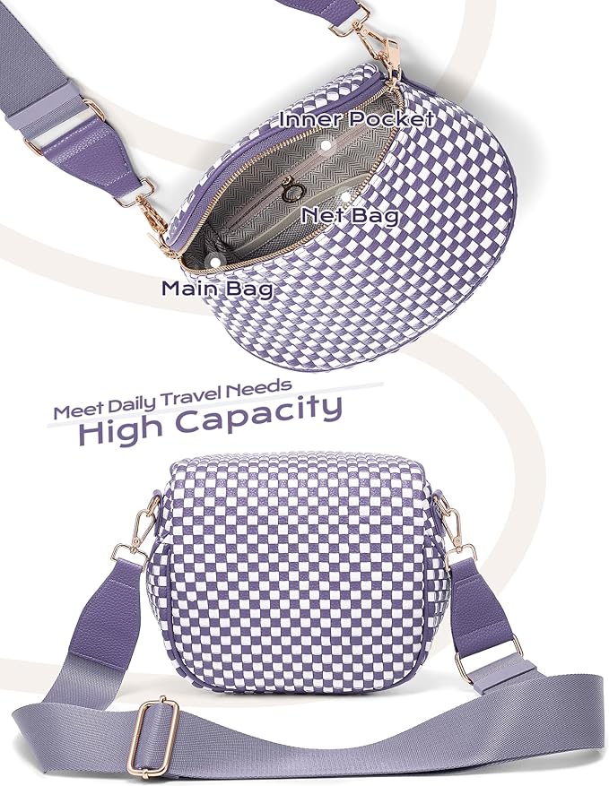 Trendy Woven Checkered Crossbody Bum Bag for Women，PU Leather Checkered Purse Fanny Packs Belt Bag (Woven Bum Bag - Cloudy Purple White)