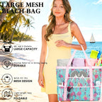 Fammart Mesh Beach Bag, Large Beach Tote with Zipper Pocket, Toys Pool Bag for Family Travel Vacation Cruise Essentials