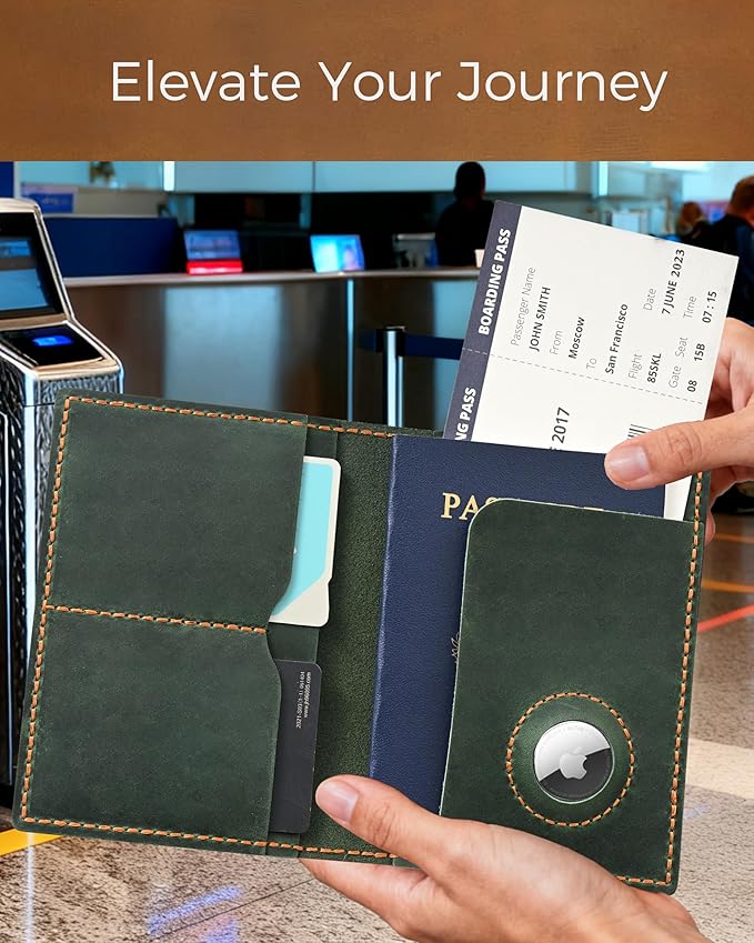 Passport Holder for Travel, Genuine Leather Passport Wallet Cover Case with Airtag Slot, RFID Blocking, for Women Men, Travel Essentials Gift, Green