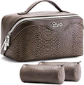BOYATU Travel Makeup Bags for Women: 3 Pcs Set Wide Open Cosmetic Bag - Portable Make up Bags with Handle - Vegan Leather Toiletry Organizer Bag with Divider (G-03-Coffee)