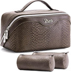 BOYATU Travel Makeup Bags for Women: 3 Pcs Set Wide Open Cosmetic Bag - Portable Make up Bags with Handle - Vegan Leather Toiletry Organizer Bag with Divider (G-03-Coffee)