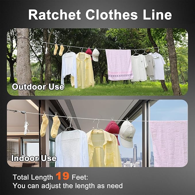 Retractable Travel Clothesline, Portable Clothes Line with Heavy Duty Pulleys & Carabiners, Windproof Clothes Drying Rope for Outdoor Camping, Travel, Indoor Home Use (White, 19 Feet Long)