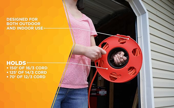 Woods Heavy Duty Cord Storage Wheel - Holds Up to 125 Feet of 16/3 or 110 Feet of 14/3 Gauge Cord - Tangle-Free Design for Extension Cords, Rope, or Hose - Orange/Black