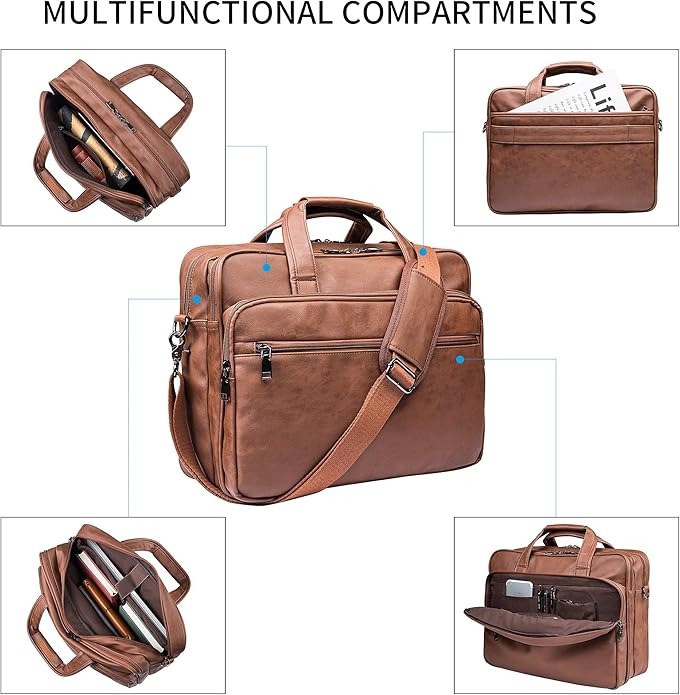 seyfocnia Leather Laptop Bag, Men's 15.6 Inche 17.3 Inche Messenger Briefcase Business Satchel Computer Handbag Shoulder Bag