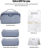 BOYATU Travel Makeup Bag Cosmetic Bags for Women: Large Capacity 3 Pcs Set Make up Bag with Compartments - Waterproof Vegan Leather Toiletry Organizer Bags with Handle (M-77Blue)