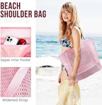 HOHOM Beach Bags for Women, Summer Travel Mesh Tote Bag with Large Inner Pocket, Sandproof Woven Shoulder Handbag