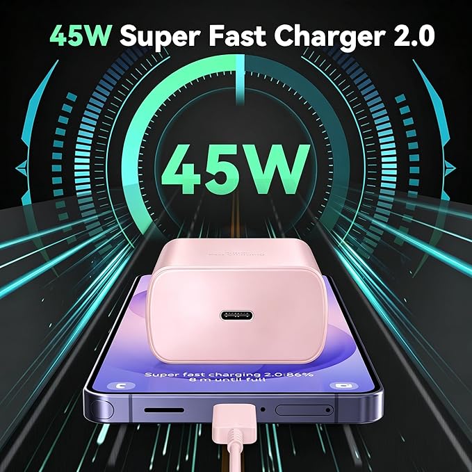 45W Super Fast Charger USB Type C Charger Cord 6.6FT with Android Phone Charger Fast Charging Block for Samsung Galaxy S26/S26 Ultra/S26+/S25/S25 Ultra/S25+/S24/S23/S22/S20/S21/Note 20/Note 10, Pink