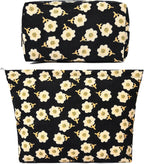 SOIDRAM 2 Pieces Flower Makeup Bag Large Cosmetic Bag Capacity Canvas Mix Travel Toiletry Bag Organizer Cute Makeup Brushes Aesthetic Accessories Storage Bag for Women, Flower Mix Black