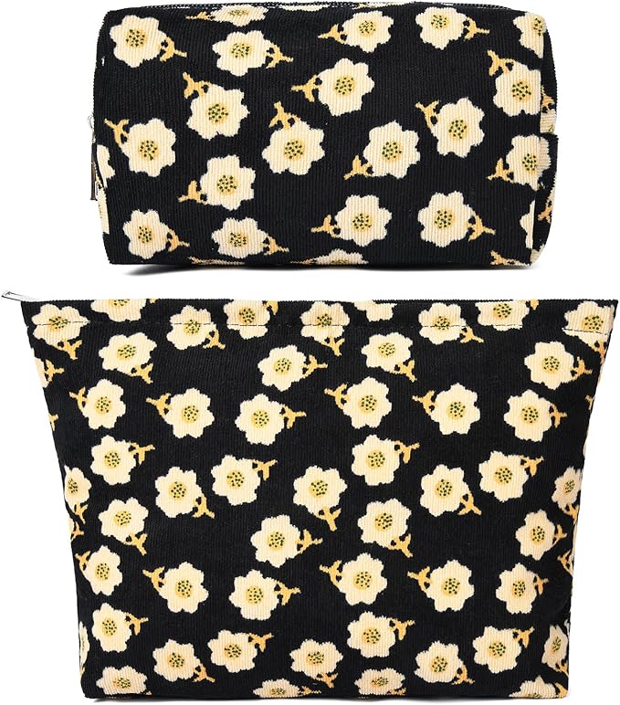 SOIDRAM 2 Pieces Flower Makeup Bag Large Cosmetic Bag Capacity Canvas Mix Travel Toiletry Bag Organizer Cute Makeup Brushes Aesthetic Accessories Storage Bag for Women, Flower Mix Black