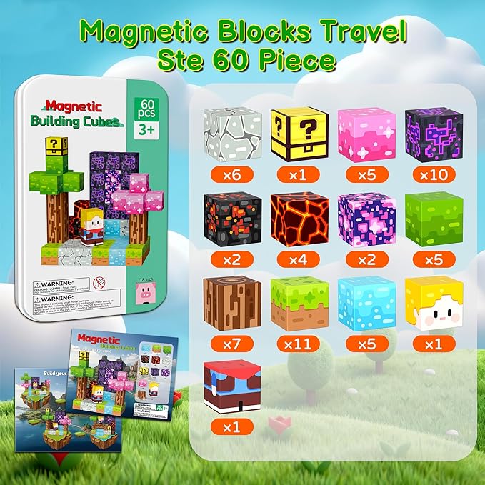 Magnetic Blocks Minecraft-Style Magnetic Building Blocks Cubes - 60PCS Tin Box Travel Magnet Toys Set STEM Educational for Kids Ages 3 4 5 6 7 8 9 10 11 12 Year Old Boys Girls Gifts birthday christmas
