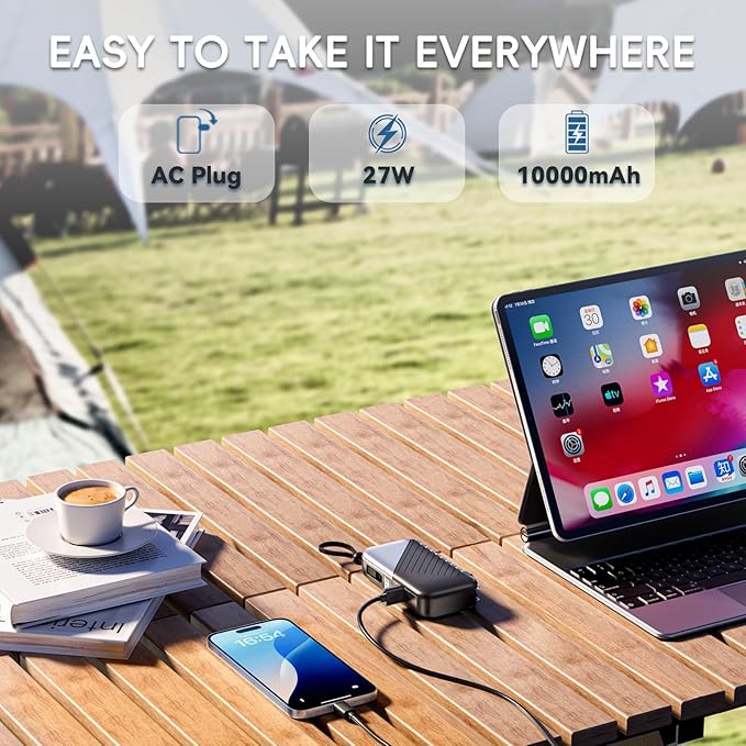 Portable Charger with Wall Plug 10000mAh Power Bank for iPhone 27W Portable Charger with Built in Cable Portable Phone Charger for iPhone 17/16/15, Samsung Android, Black