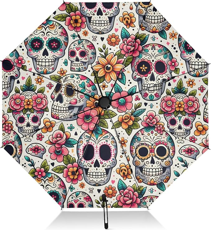 ALAZA Folding Umbrella Sugar Skulls Day Of The Dead Compact Travel Umbrella Automatic Open Close, Inverted Umbrellas for Rain Windproof Sun Umbrellas UV Protection Large Portable Reverse