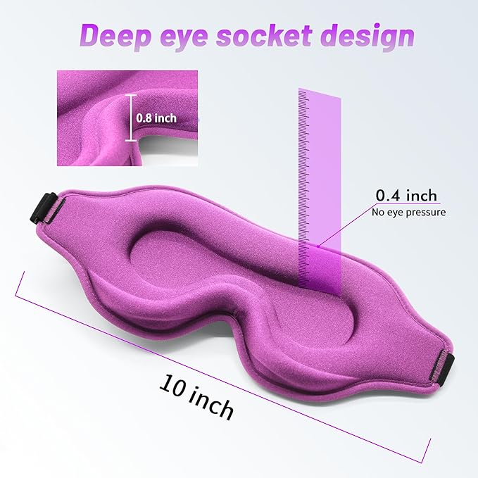 Sleep Eye Mask for Men Women, Sleeping Mask for Side Sleeper, Travel Blackout Night Blindfold Eye Shade Cover with Adjustable Strap (Purple)
