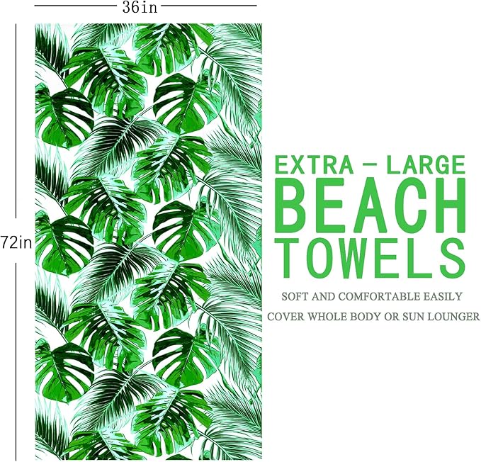 Genovega Oversized Terry Beach Towel 36 x 72 in Soft Extra Large Big Pool Swim Towels for Adult XL Clearance Big Travel Blanket Cruise Vacation Accessories Essentials Lounge Chair Cover Green Leaves