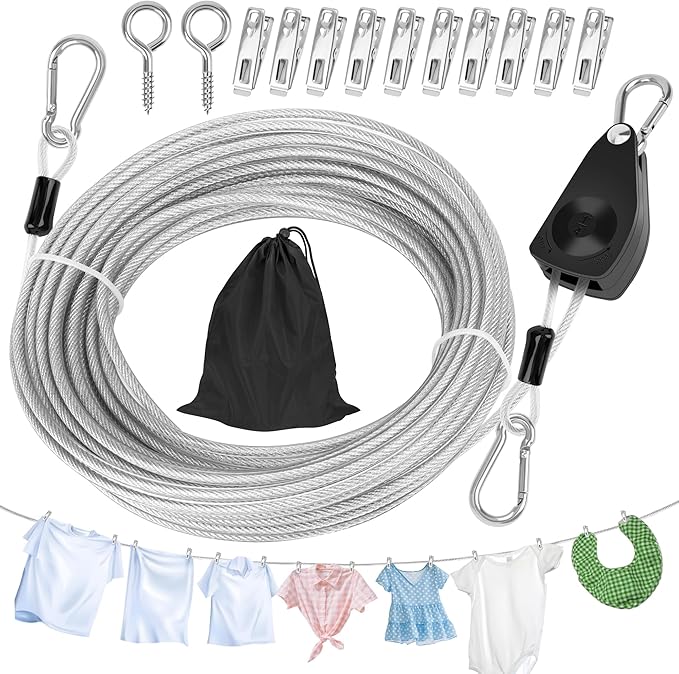 Windspeed 50Ft Retractable Clothesline Outdoor Heavy Duty Travel Clothesline Retractable Clothes Line for Outside Travel Camping Clothes Line, Galvanized Steel Material, with 10 Clips, Storage Bag