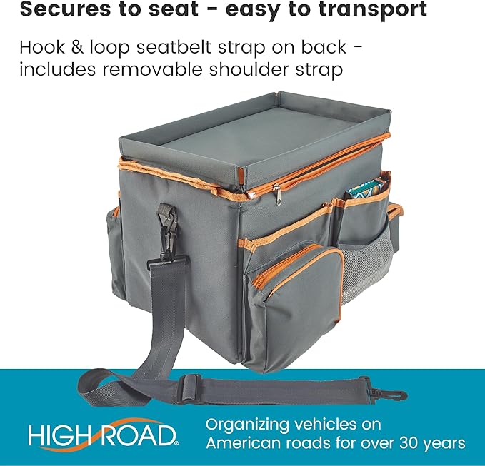 High Road CarHop Front Seat Car Organizer with Car Cup Holder, Passenger Seat Tray and Padded Filing or Cooler Compartment with Side Pocket Storage, Gray