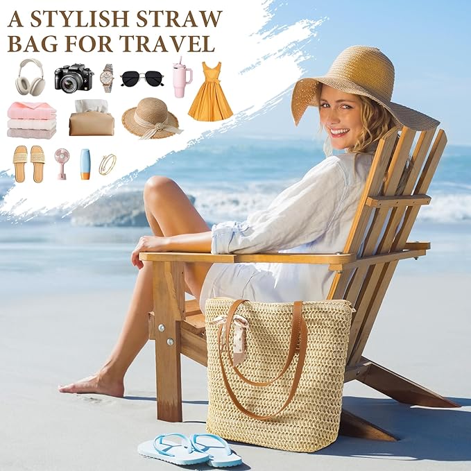 Trifabricy Beach Bags for Women, Large Straw Beach Bag, Beach Tote Bag Shoulder Handbags, Straw Bag Beach Purse for Summer