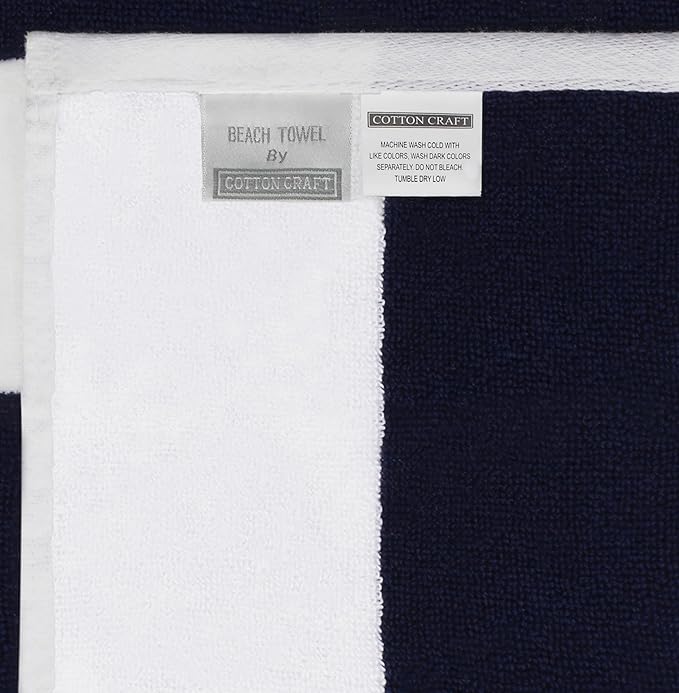 COTTON CRAFT Oversized Beach Towels - Set of 2 - XXL 35x84 The Big Kahuna 7 Foot Extra Large Beach Blanket Towel - Big & Tall - Huge 100% Cotton Velour Soft Luxury Pool Bath Towel - Cabana Stripe Navy