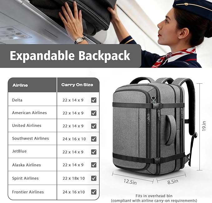 Comfort Travel Backpack,Expandable Carry on Backpack 1-5 Days with LifetimeWarranty,Fits 17.3" Laptop Notebook,Water Resistant Weekender Backpack Flight Approved for Men Hiking,College Travel,Grey