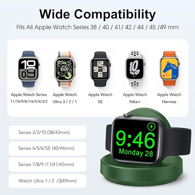 2026 Upgraded for Apple Watch Charger Magnetic Fast Charging Dock,Portable Wireless Charging Stand Compatible with iWatch Series Ultra/SE/11/10/9/8/7/6/5/4/3/2 Support Nightstand Mode-Green