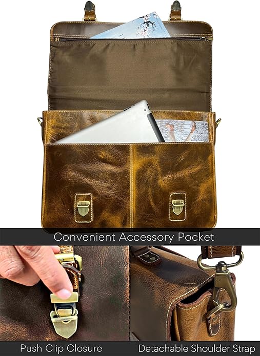 RUSTIC TOWN 16" Leather Laptop Messenger Bag for Men - Full Grain Leather Briefcase Computer Satchel Office Crossbody Bag