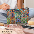 Bohemian Tile Pattern Makeup Bag, Ethnic Moroccan and Mexican Talavera Tile Cosmetic Bag for Women, Vintage Floral Makeup Pouch, Mexican Gifts for Women