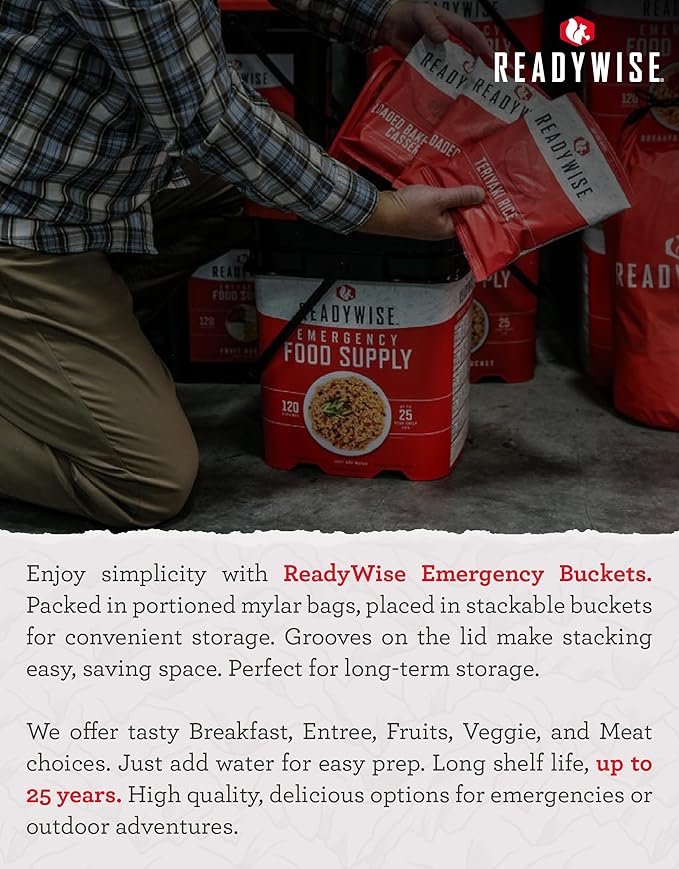 ReadyWise Emergency Food Supply - 84 Servings Breakfast & Entrée Bucket, Protein Meals, Dehydrated & Freeze Dried Food for Backpacking, Camping Essentials & Prepping Supplies, up to 25 Year Shelf Life