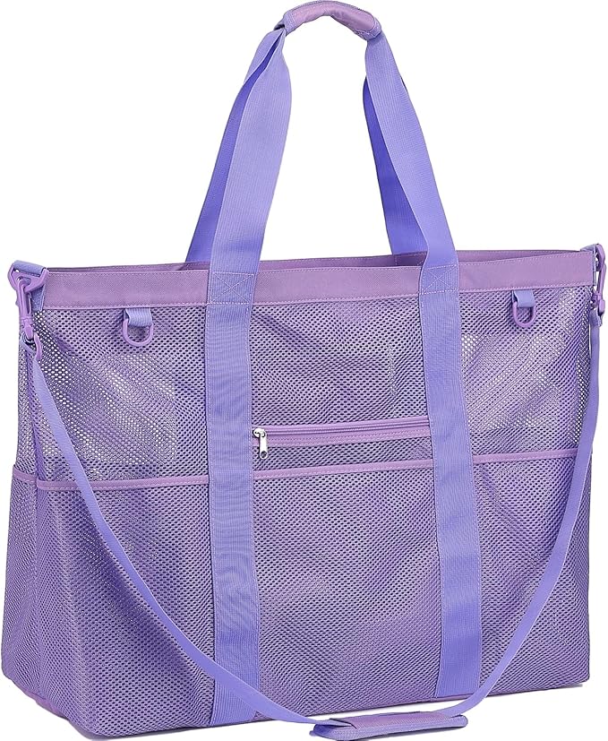 Fammart Mesh Beach Bag with Zipper, Large Beach Tote for Women, Toys Pool Swim Bag Travel Vacation Cruise Essentials