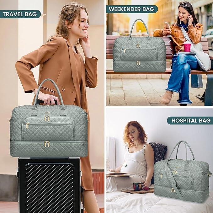 Travel Duffle Bag Weekender for Women - 38L Carry-On Overnight Personal Item Bag with Shoe Compartment & Wet Pocket Weekend Tote Bags with Toiletry Hospital Bags for Labor and Delivery