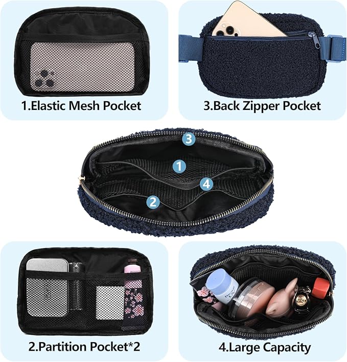 Fleece Fanny pack with Adjustable Strap for Women and Men Crossbody Bag Bum Bag, Waist Pack for Hiking Workout Sports Travel Blue