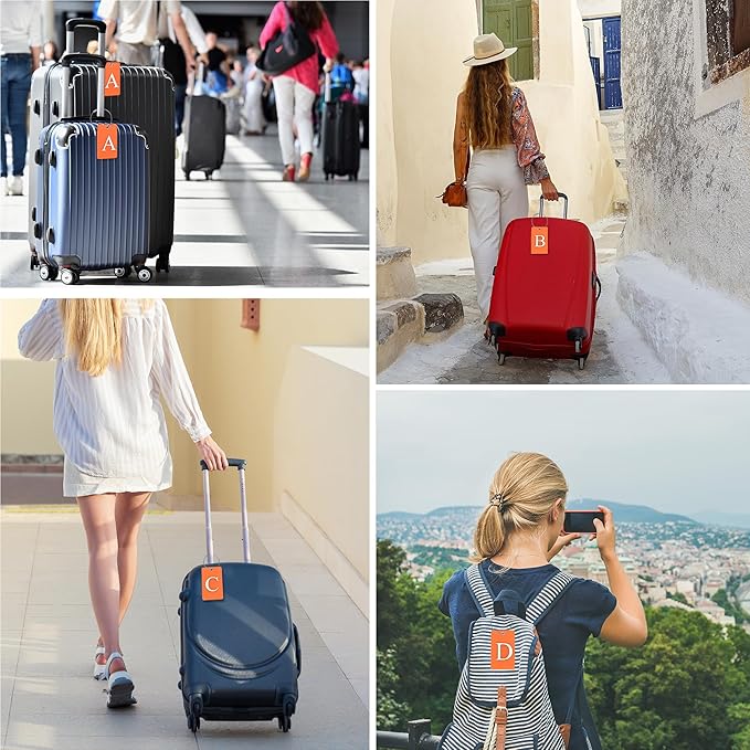 Gostwo 2 Pack Luggage Tags for Suitcases, 26 Initial Letter Travel Luggage Baggage Identification Labels ID Tag Fully Bendable Tags with Stainless Steel Loop (Orange) (Letter E)