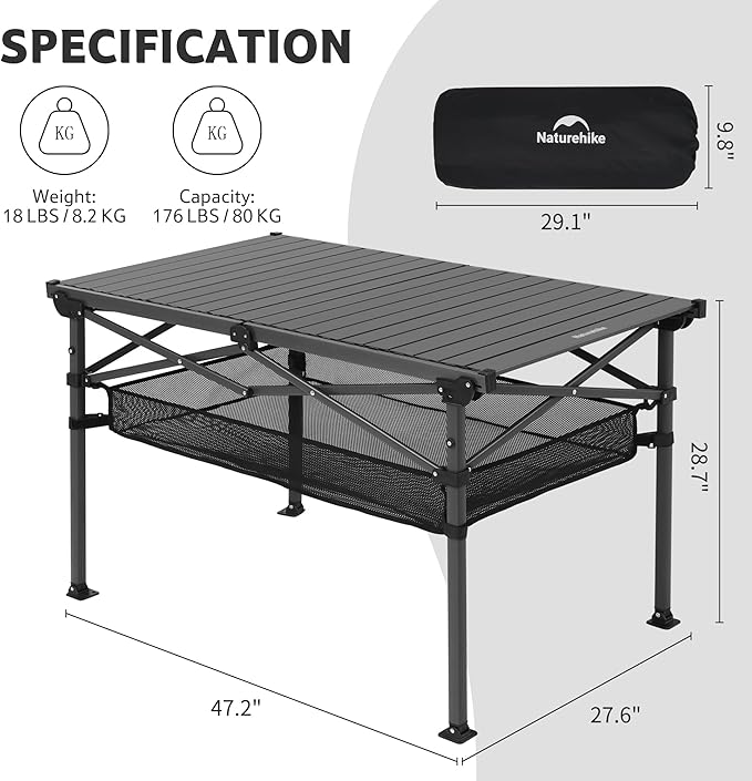 Naturehike Folding Camping Table, Spacious Tabletop Area for 4-6 Person, Portable Aluminum Camp Table for Outdoor, Camping, Picnic, Beach, Carry Bag