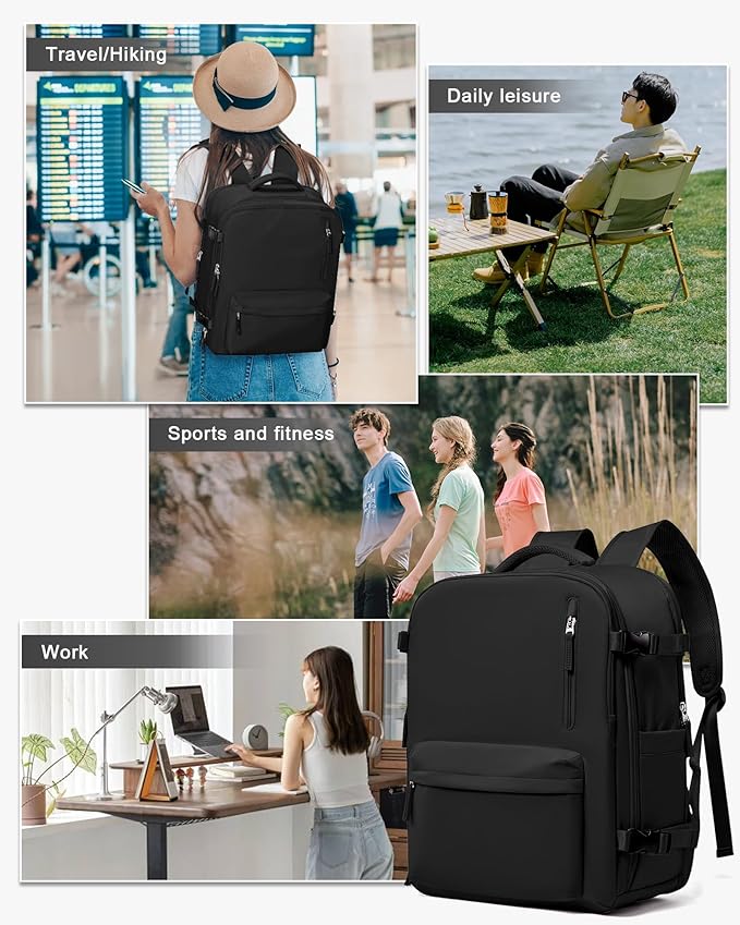 WONHOX Travel Backpack Women,Carry On Backpack Flight Approved 18x14x8 inches Bag Spirit Airlines Personal ltem,College Sports Hiking Rucksack Waterproof Casual Daypack Laptop Blackpack Men,Black
