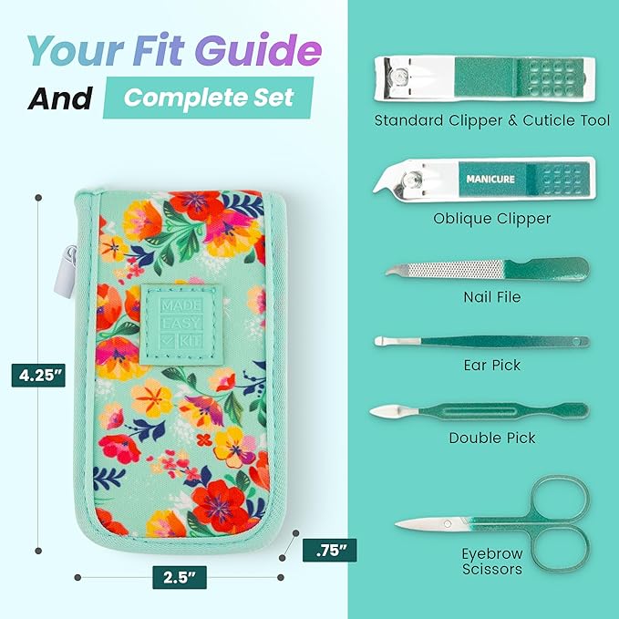 Made Easy Kit Nail Clipper Set – 7-Piece Portable Manicure & Grooming Kit with Stainless Steel Tools in Neoprene Case – Stay Organized, Purse-Friendly, Travel Essential for Women & Men (Brown Woods)
