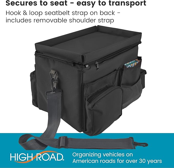 High Road CarHop Front Seat Car Organizer with Car Cup Holder, Passenger Seat Tray and Padded Filing or Cooler Compartment with Side Pocket Storage