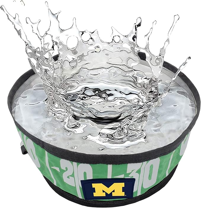 NCAA Michigan Wolverines Collapsible Dog Travel Bowl, Food and Water Bowl for Dogs & Cats. Best Portable & Lightweight Leak-Proof Pet Bowl for Travel with Football Field & Pebble-Grain Design.