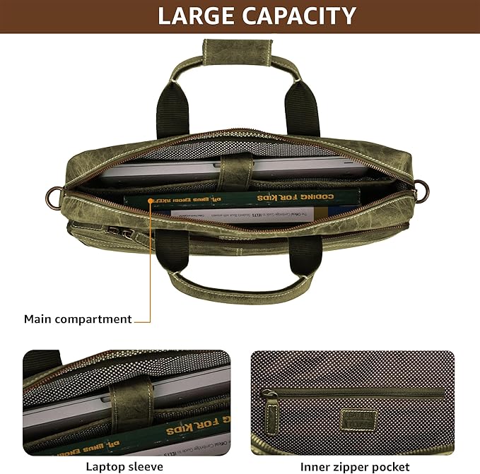 LEATHER VILLAGE 16" Leather Laptop Messenger Briefcase Bag for Men-Leather Satchel for Travel and Office Shoulder Bag- Olive