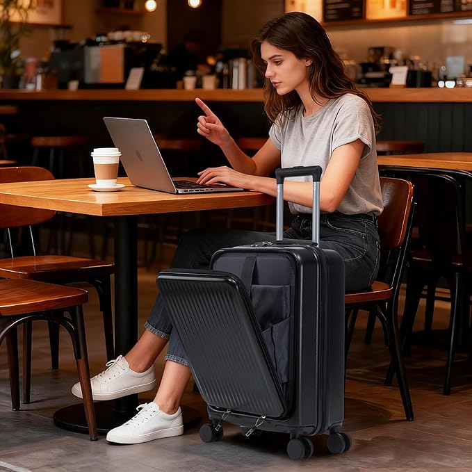 GDFStudio 14/20 Inch 2 Piece Luggage Set with Front Opening Design, ABS Hard Shell Spinner Suitcase with Combination Lock,360° Silent Wheels, Retractable Handle, and 14” Portable Cosmetic Case,Black