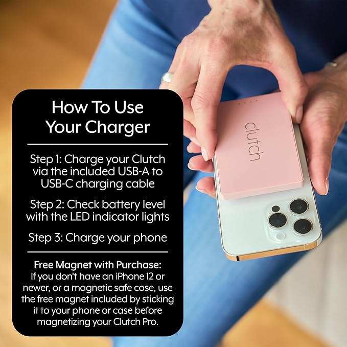 Clutch - Pro USB-C Portable Charger - Compatible with iPhone 15, 16 & Android Devices - Power Bank Magnetic Battery - TSA Travel Approved - USB Rechargeable - Built-in Cable - 5000 mAh - Pink & Black