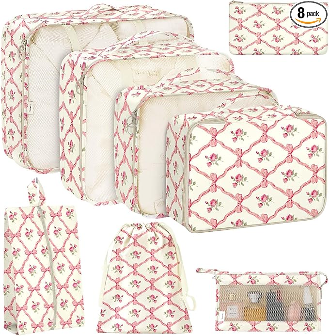 KPX 8 Set Packing Cubes for Travel, Luggage Packing Organizers Accessories Large Toiletries Bag for Clothes Shoes Cosmetics (8Set-Flower & Bow)