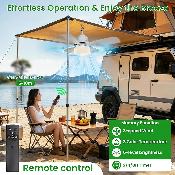 Solar Ceiling Fan with Light, 18000mAh Rechargeable Camping Fan with Remote, 450CFM Strong Airflow, 17.5'' Portable Outside Battery Powered Ceiling Fan for Gazebo, Canopy, Tent, RV