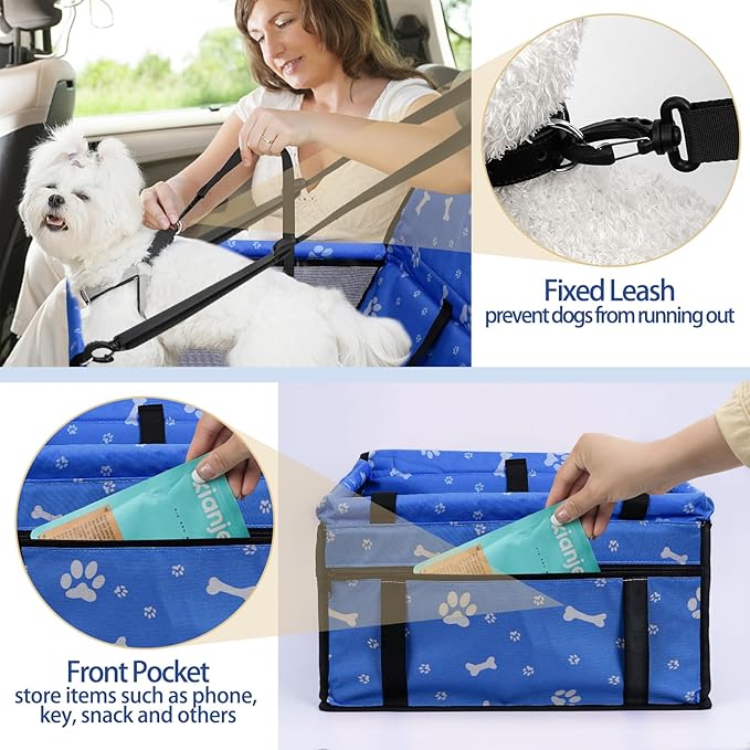 Dog Car Seat Foldable Dog Car Booster Seat Waterproof Breathable Oxford Travel Bag for Small to Medium Dogs, Puppies, and Pets-Pattern Blue+Mat