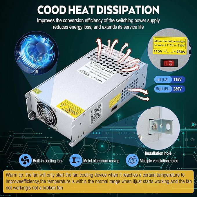 VAYALT DC 12V 100A 1200W Switching Power Supply, 110V/220 V Power Supply AC to DC Converter, Universal Regulated Switching,12V Power Supply for CCTV Camera System,3D Printer,Led Strip,Computer Project