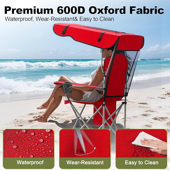 VTOY Portable Camping Chair with Canopy - Folding Chair with Canopy, Durable 600D Oxford Canopy Chair for Camping, Beach, Picnics, Fishing & Sports