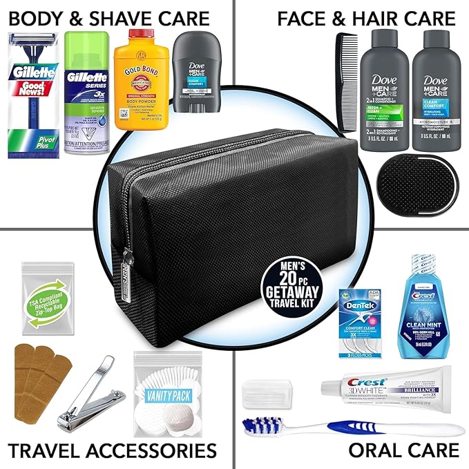 Convenience Kits International Men's Premium 20-Piece Travel Hygiene Kit, 24 Count Bulk Case for Hotels, Shelters, Disaster Relief