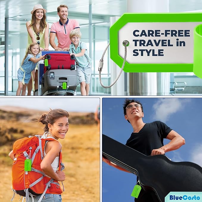 BlueCosto - Luggage Tags - Large, Green, 25 PK - Bulk PVC Suitcase Tags w/Privacy Cover & Stainless Steel Wire Loops - Multipack Personalized Baggage Identifiers for Travel - Backpack Name Labels