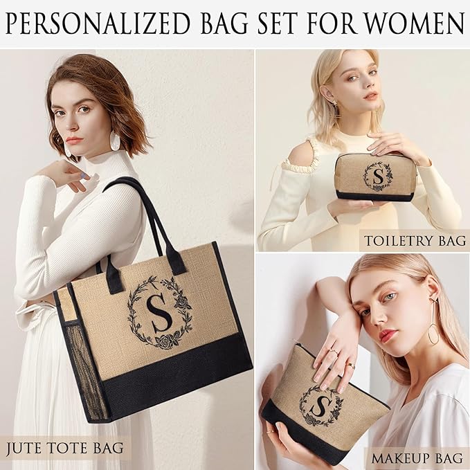 Personalized Gifts for Women Tote Bag, Initial Jute Tote Bag & Makeup Bags Monogrammed Beach Bag w/ Zipper, Mothers Day Birthday Gifts for Women Her Friends Mom Daughter Sister Grandma Teacher Nurse