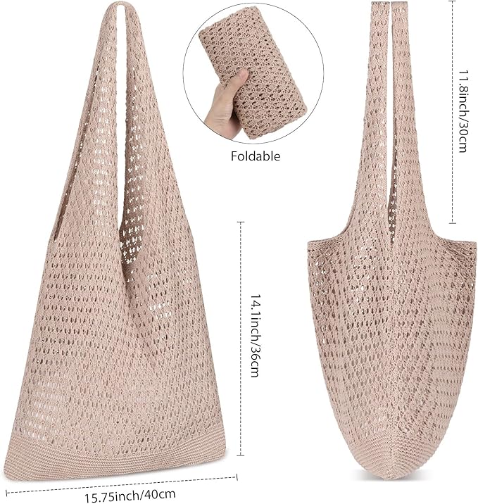 WantGor Crochet Bags, Beach Mesh Tote Bag Womens Shoulder Shopping Handbag Casual Travel Totes Bag Foldable Hobo Bags