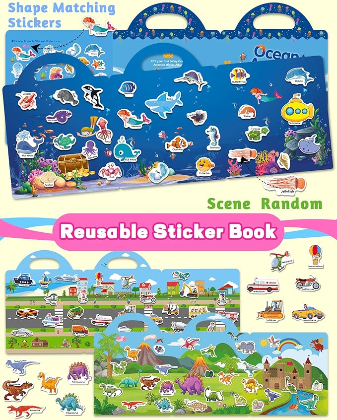 Walenced Reusable Sticker Book for Toddlers, Stickers for Kids, Toddler Sticker Book, Toddler Craft Activities, Toddler Travel Toys Boy Girl Birthday Gifts