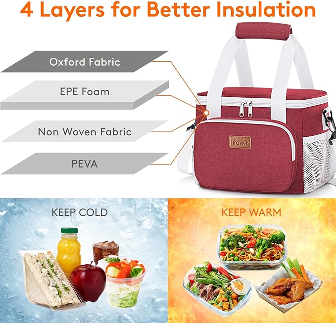 Lifewit Medium Lunch Bag, Insulated Lunch Box, Soft Cooler Cooling Tote for Adult Men Women, White and Red12-Can (9L)